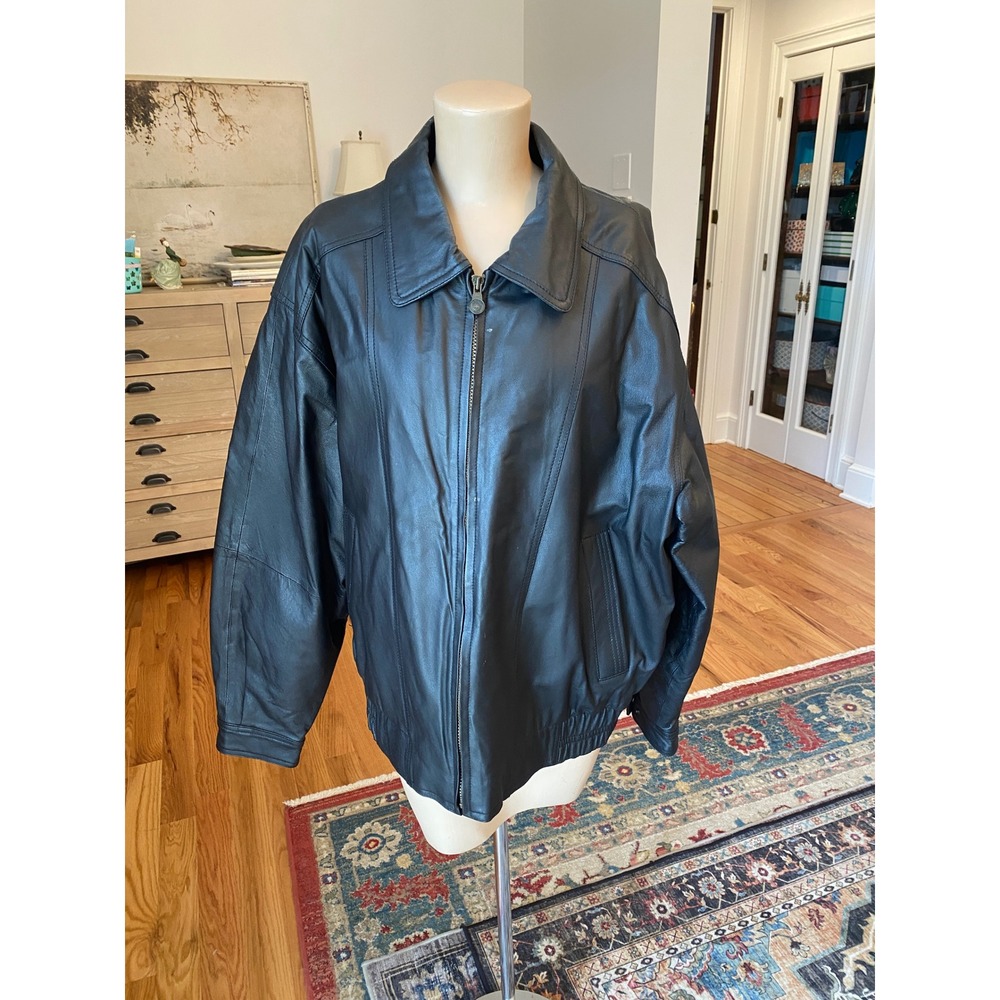 Members Only Mens Black Genuine Leather Bomber Jacket Full Zip Size L Vintage‎